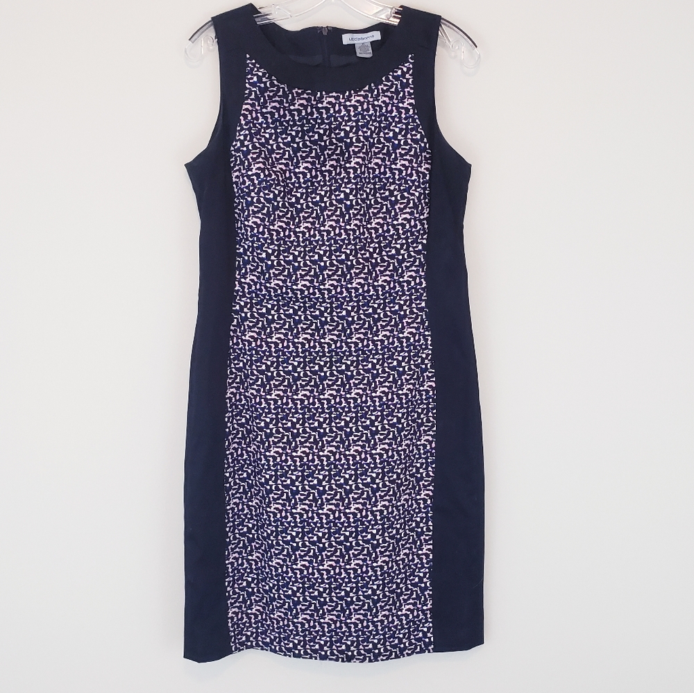 Liz Claiborne Sheath Dress Black Blue Pink Dot Print Size 10 Sleeveless